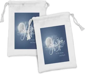 Ambesonne I Love You Fabric Pouch Set of 2, Night Sky with Full Moon Between Stars Cloud Dramatic Romance Wedding Image, Small Drawstring Bag for Toiletries Masks and Favors, 9" x 6", Dark Blue Pearl