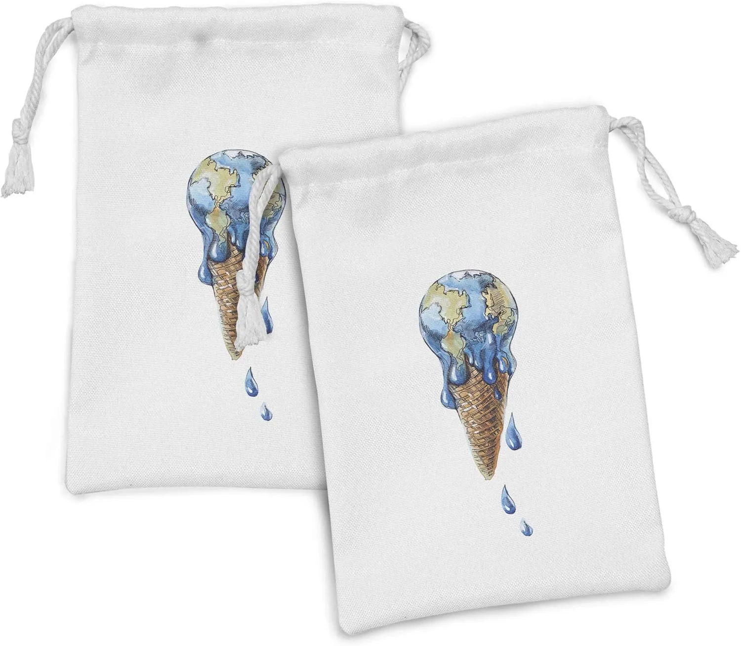 Ambesonne Ice Cream Fabric Pouch Set of 2, Dessert Globe Planet Earth Flavor Ecological Graphic Print, Small Drawstring Bag for Toiletries Masks and Favors, 9" x 6", Pale Caramel Violet Blue