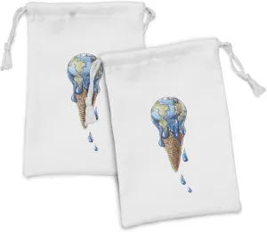 Ambesonne Ice Cream Fabric Pouch Set of 2, Dessert Globe Planet Earth Flavor Ecological Graphic Print, Small Drawstring Bag for Toiletries Masks and Favors, 9" x 6", Pale Caramel Violet Blue