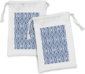 Ambesonne Ikat Fabric Pouch Set of 2, Old Design Regular Multi-Shaft Loom Uneven Twill Trend Motif, Small Drawstring Bag for Toiletries Masks and Favors, 9" x 6", Dark Blue and White