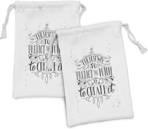 Ambesonne Inspirational Fabric Pouch Set of 2, Calligraphy Font of the Best Way to Predict Future is to Create It Words, Small Drawstring Bag for Toiletries Masks and Favors, 9" x 6", Black and White