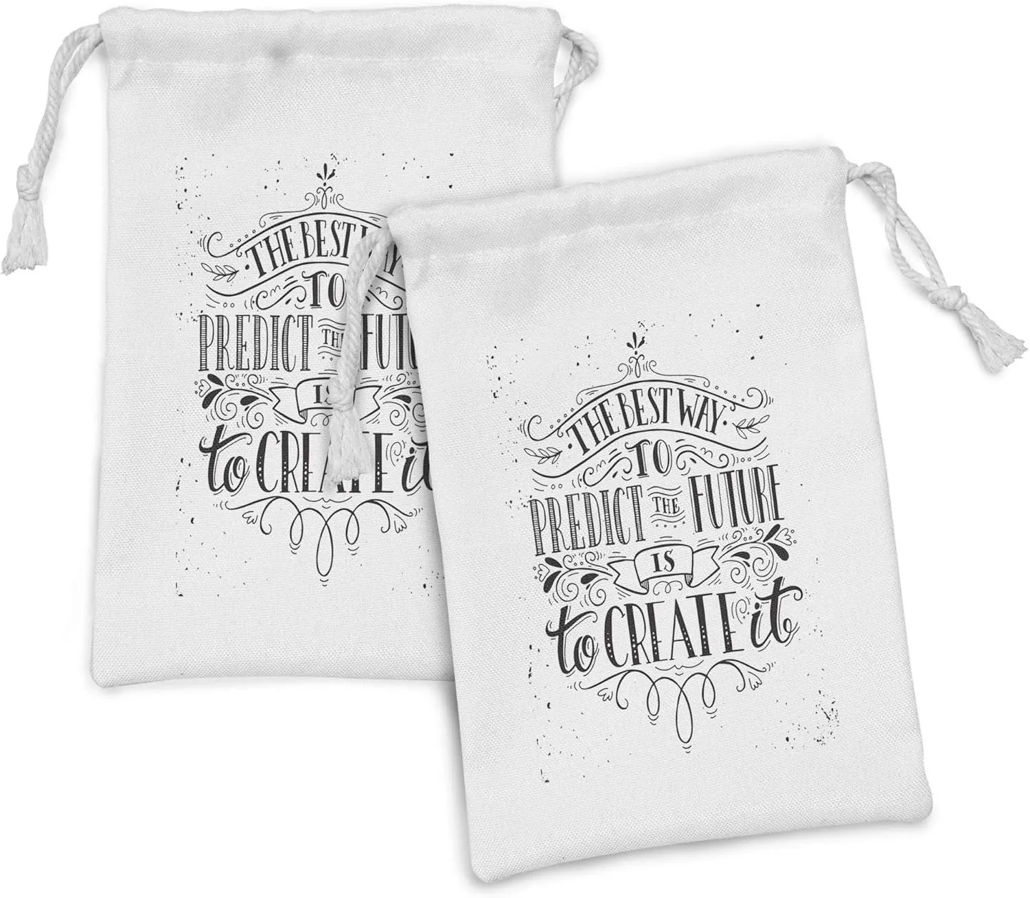 Ambesonne Inspirational Fabric Pouch Set of 2, Calligraphy Font of the Best Way to Predict Future is to Create It Words, Small Drawstring Bag for Toiletries Masks and Favors, 9" x 6", Black and White