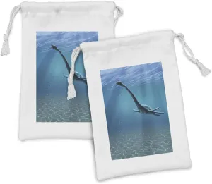 Ambesonne Jurassic Fabric Pouch Set of 2, Aquatic Dinosaur the Elasmosaurus Lived During the Cretaceous Period Print, Small Drawstring Bag for Toiletries Masks and Favors, 9" x 6", Blue