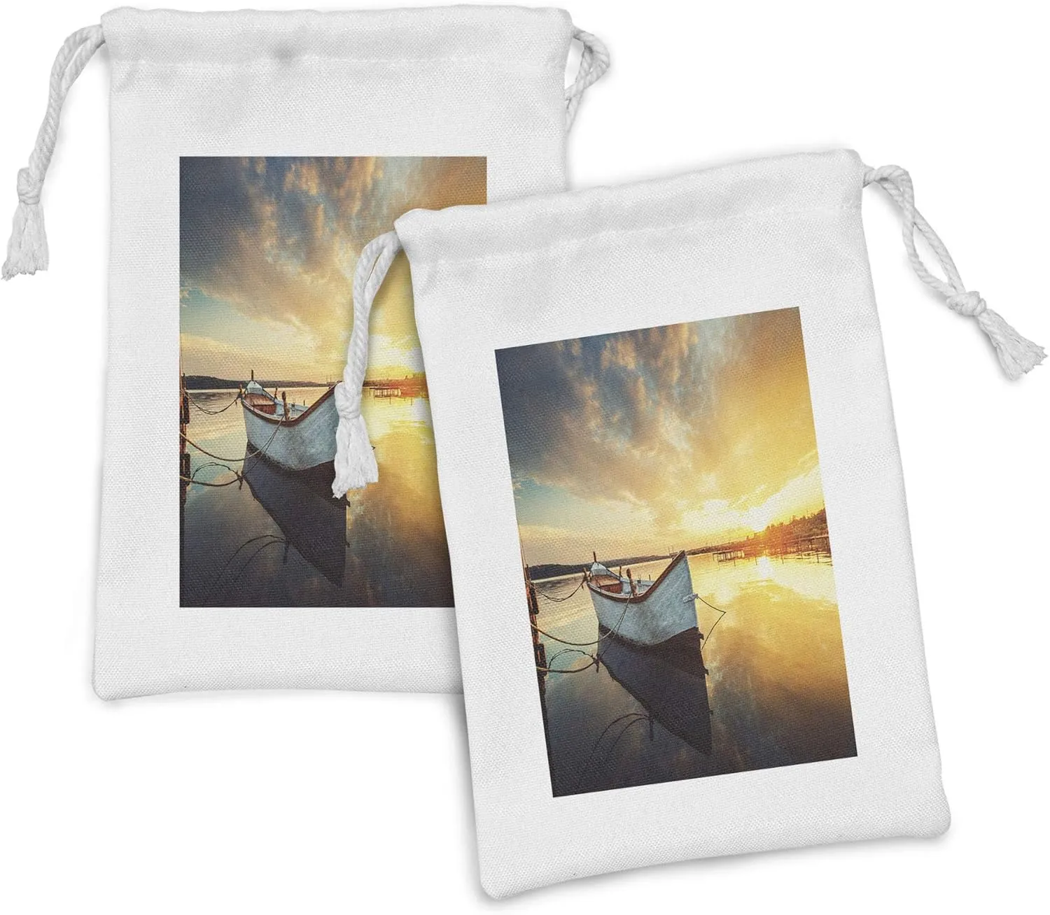 Ambesonne Lake House Fabric Pouch Set of 2, Small Boat on the Water with Horizon and Overcast Dramatic Sky Harbor Home, Small Drawstring Bag for Toiletries Masks and Favors, 9" x 6", Pale Yellow