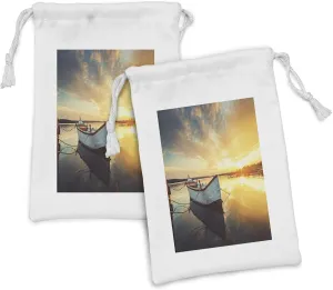 Ambesonne Lake House Fabric Pouch Set of 2, Small Boat on the Water with Horizon and Overcast Dramatic Sky Harbor Home, Small Drawstring Bag for Toiletries Masks and Favors, 9" x 6", Pale Yellow