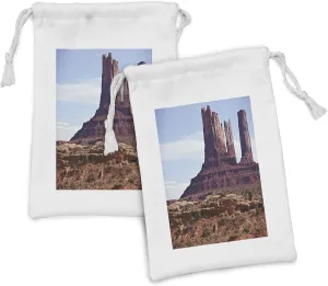 Ambesonne Landscape Fabric Pouch Set of 2, Famous Monumental Valley Grand Canyon and Red Rocky Cliffs Usa Arizona Photo Print, Small Drawstring Bag for Toiletries Masks and Favors, 9" x 6", Brown
