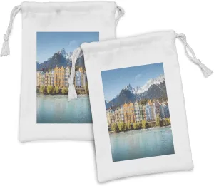 Ambesonne Landscape Fabric Pouch Set of 2, Panorama of Historic City Centre of Innsbruck Houses Along Inn River Austrian, Small Drawstring Bag for Toiletries Masks and Favors, 9" x 6", Multicolor