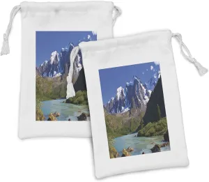 Ambesonne Landscape Fabric Pouch Set of 2, Snowy Mountaintop Bustling River Pine Trees Rocks Grass Clouds Shrubs, Small Drawstring Bag for Toiletries Masks and Favors, 9" x 6", White Green Grey