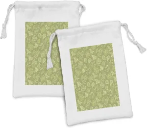 Ambesonne Leaves Fabric Pouch Set of 2, Demonstration of Various Plantation Leafy Items in Tones of Green Olive Green, Small Drawstring Bag for Toiletries Masks and Favors, 9" x 6", Green Pale Green