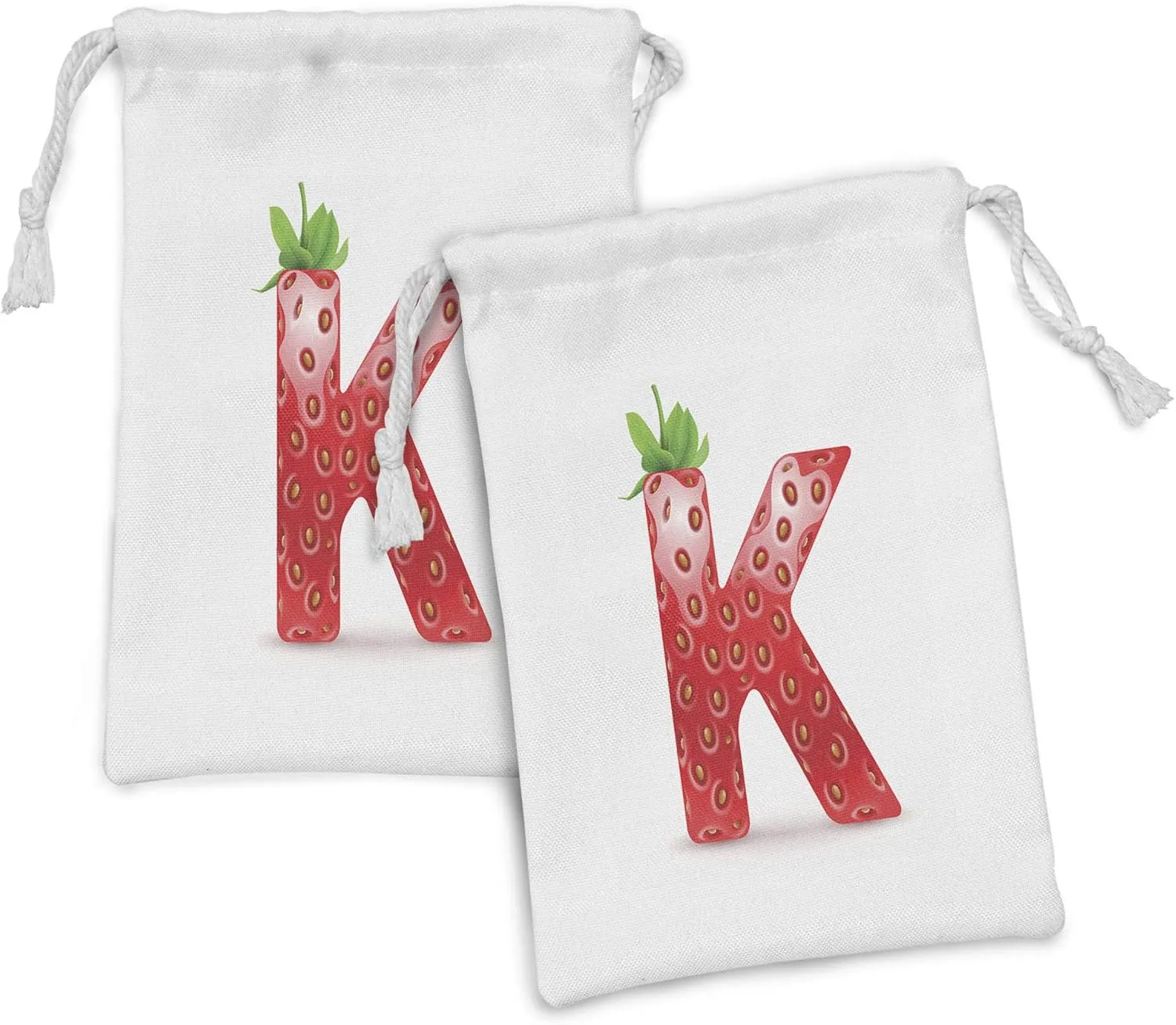Ambesonne Letter K Fabric Pouch Set of 2, Fresh Food Strawberry Style Capital K Seasonal Refreshment Design, Small Drawstring Bag for Toiletries Masks and Favors, 9" x 6", Vermilion Green Orange