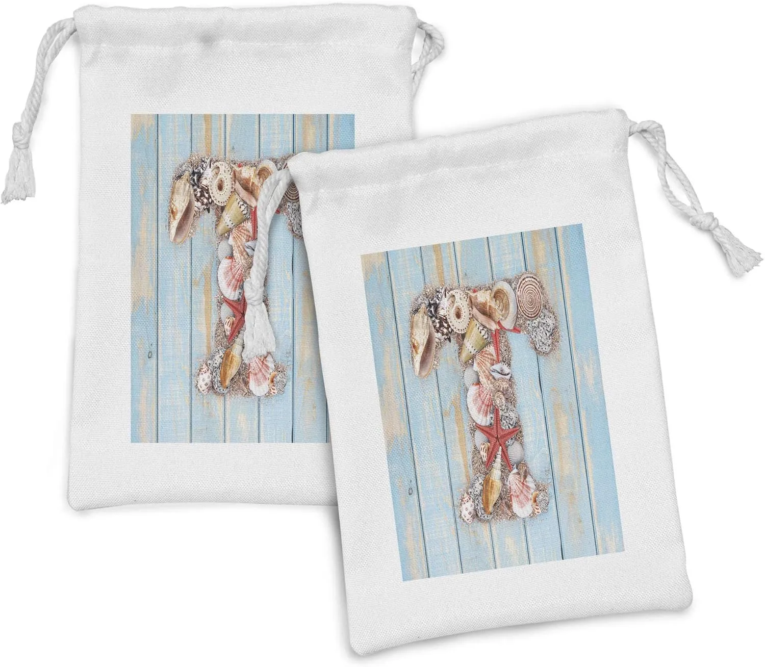 Ambesonne Letter T Fabric Pouch Set of 2, Letter T with Freshwater Invertebrates on Weathered Wood Planks, Small Drawstring Bag for Toiletries Masks and Favors, 9" x 6", Dark Coral Pale Blue