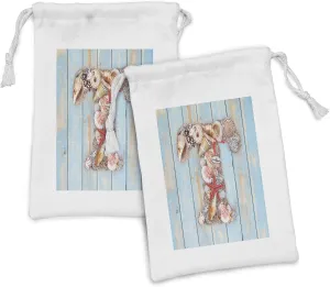 Ambesonne Letter T Fabric Pouch Set of 2, Letter T with Freshwater Invertebrates on Weathered Wood Planks, Small Drawstring Bag for Toiletries Masks and Favors, 9" x 6", Dark Coral Pale Blue