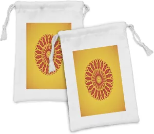 Ambesonne Mandala Fabric Pouch Set of 2, Wavy Strokes Joining Intersecting Sun Like Elongated, Small Drawstring Bag for Toiletries Masks and Favors, 9" x 6", Earth Yellow Vermillion