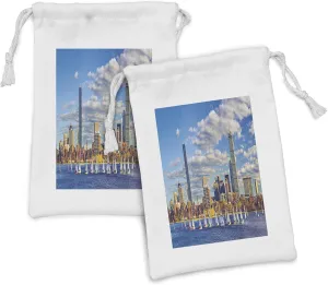 Ambesonne Massachusetts Fabric Pouch Set of 2, Panoramic Style Boston Skyline with Boats and Skyscrapers Open Summer Day, Small Drawstring Bag for Toiletries Masks and Favors, 9" x 6", Multicolor