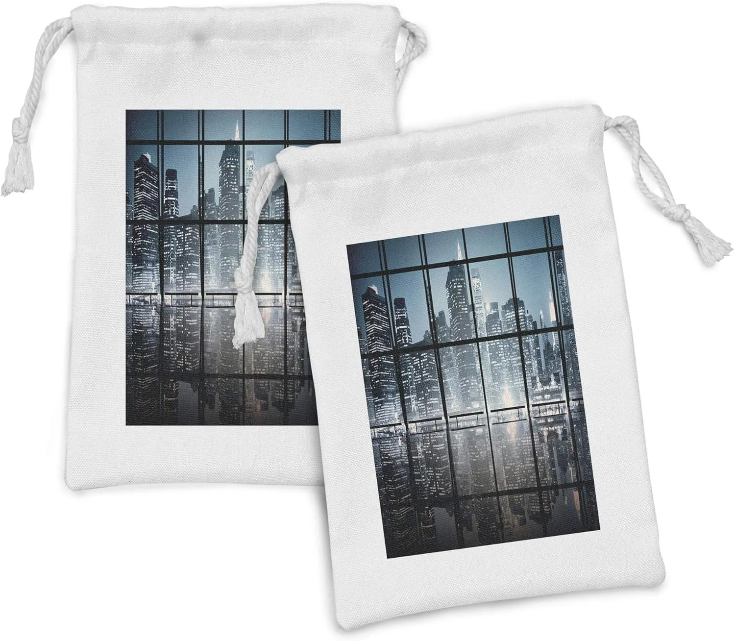 Ambesonne Modern Fabric Pouch Set of 2, Modern New York City Scenery at Night with Skyscrapers Buildings Print, Small Drawstring Bag for Toiletries Masks and Favors, 9" x 6", Black and Dark Blue