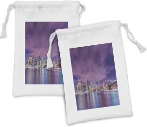 Ambesonne Modern Fabric Pouch Set of 2, New York City Skyline at Night with Skyscrapers Manhattan USA American Panorama, Small Drawstring Bag for Toiletries Masks and Favors, 9" x 6", Violet Purple