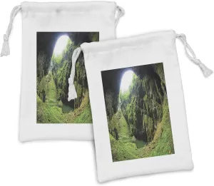 Ambesonne Natural Cave Fabric Pouch Set of 2, Punkevni Cave in Czech Republic European Geological Formation Myst Hole Landscape, Small Drawstring Bag for Toiletries Masks and Favors, 9" x 6", Green