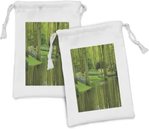 Ambesonne Nature Fabric Pouch Set of 2, Forest with Lake Dutch Garden Pastoral Woodland Botany Flowerbed Picture, Small Drawstring Bag for Toiletries Masks and Favors, 9" x 6", Fern and Lime Green