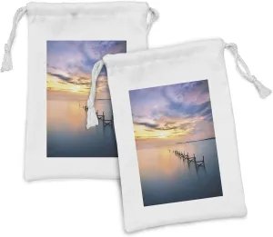 Ambesonne Nature Fabric Pouch Set of 2, Sunset at Abandoned Jetty with Smooth Water and Nice Sky Digital Image, Small Drawstring Bag for Toiletries Masks and Favors, 9" x 6", Marigold Petrol Blue