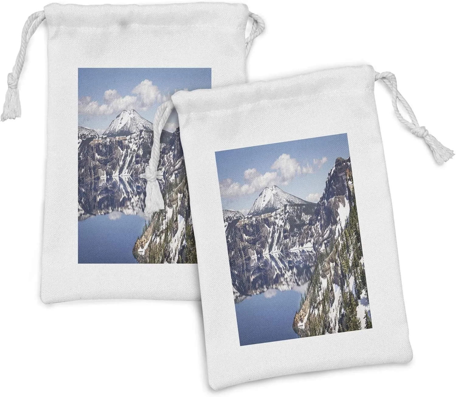 Ambesonne Nature Scene Fabric Pouch Set of 2, Wild Natural Scenic View of Reflections on Calm Clear Crater Lake, Small Drawstring Bag for Toiletries Masks and Favors, 9" x 6", Dark Lavender Dark Grey