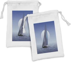 Ambesonne Nautical Fabric Pouch Set of 2, Sailing Boat in Moonrise Dramatic Sky Ocean Reflections Wavy Serene Illustration, Small Drawstring Bag for Toiletries Masks and Favors, 9" x 6", Violet Blue
