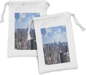 Ambesonne NYC Scene Fabric Pouch Set of 2, Panoramic Aerial Layout of High Skyscrapers and a Clear Sky, Small Drawstring Bag for Toiletries Masks and Favors, 9" x 6", Pale Sky Blue Multicolor