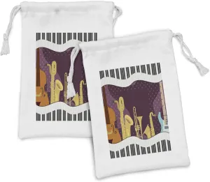 Ambesonne Opera Fabric Pouch Set of 2, Cartoon Musical Instruments with Piano Guitar Saxophone Violin Print, Small Drawstring Bag for Toiletries Masks and Favors, 9" x 6", Dark Mauve Multicolor