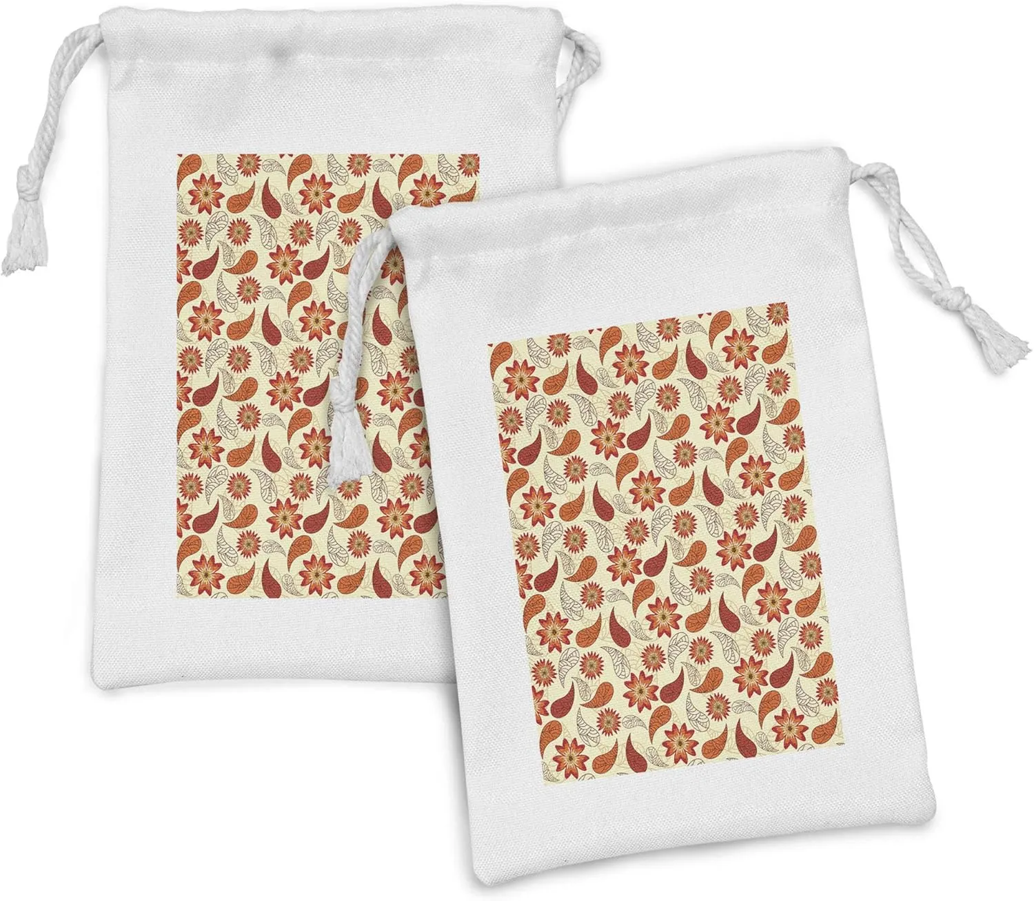 Ambesonne Orange Fabric Pouch Set of 2, Red Poppy Flowers in Retro Style and Leaves Flourish Paisley Pattern, Small Drawstring Bag for Toiletries Masks and Favors, 9" x 6", Orange Red Peach