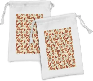 Ambesonne Orange Fabric Pouch Set of 2, Red Poppy Flowers in Retro Style and Leaves Flourish Paisley Pattern, Small Drawstring Bag for Toiletries Masks and Favors, 9" x 6", Orange Red Peach