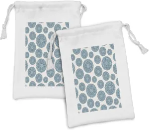 Ambesonne Oriental Fabric Pouch Set of 2, Continuous Spirals and Dots Circles Motif on Pastel Tone Backdrop, Small Drawstring Bag for Toiletries Masks and Favors, 9" x 6", Pale Eggshell Slate Blue