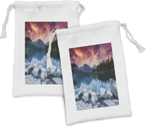 Ambesonne Outdoor Fabric Pouch Set of 2, Lake Forest Mountains National Park Slovakia Europe Dramatic Overcrast Sky Idyllic, Small Drawstring Bag for Toiletries Masks and Favors, 9" x 6", Multicolor