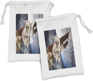 Ambesonne Outer Space Fabric Pouch Set of 2, International Station Global Communication Orbiting over the Earth Rocket Photo, Small Drawstring Bag for Toiletries Masks and Favors, 9" x 6", Multicolor
