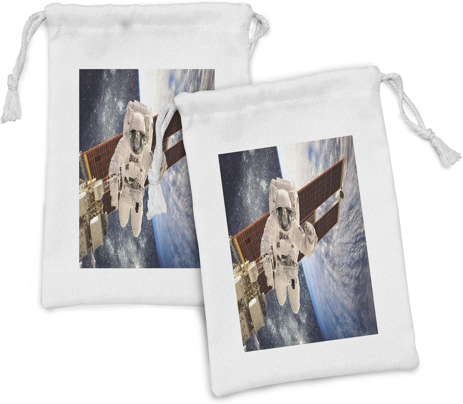 Ambesonne Outer Space Fabric Pouch Set of 2, International Station Global Communication Orbiting over the Earth Rocket Photo, Small Drawstring Bag for Toiletries Masks and Favors, 9" x 6", Multicolor