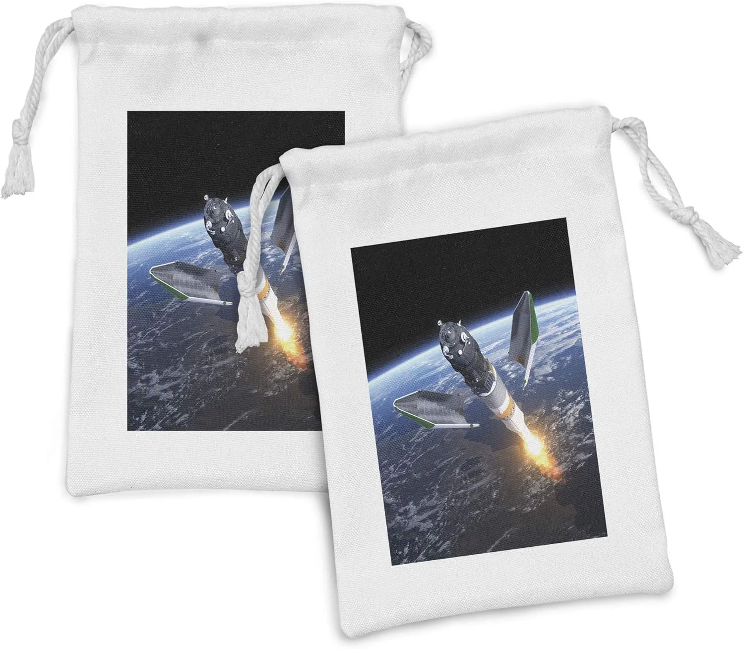 Ambesonne Outer Space Fabric Pouch Set of 2, Launch of Cargo Spacecraft in Progress Rocket Takes off Cosmos Universe, Small Drawstring Bag for Toiletries Masks and Favors, 9" x 6", Black Grey Blue