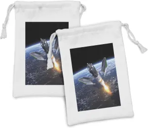 Ambesonne Outer Space Fabric Pouch Set of 2, Launch of Cargo Spacecraft in Progress Rocket Takes off Cosmos Universe, Small Drawstring Bag for Toiletries Masks and Favors, 9" x 6", Black Grey Blue