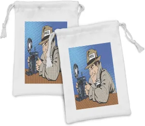 Ambesonne Paparazzi Fabric Pouch Set of 2, Press Journalist with Camera Pop Art Retro Style Media Theme, Small Drawstring Bag for Toiletries Masks and Favors, 9" x 6", Azure Blue Multicolor