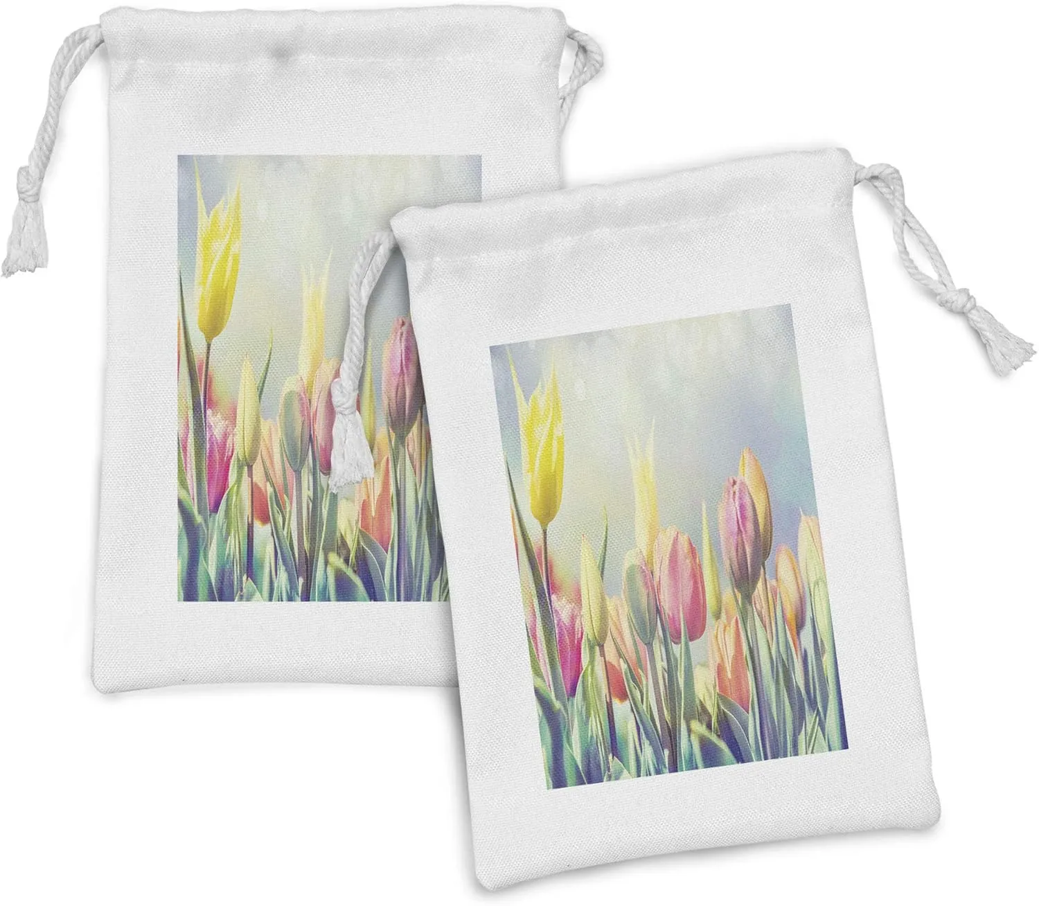 Ambesonne Pastel Fabric Pouch Set of 2, Tulips Flower Bed in Park Serene Landscape Happiness Fresh Spring Environment Image, Small Drawstring Bag for Toiletries Masks and Favors, 9" x 6", Multicolor