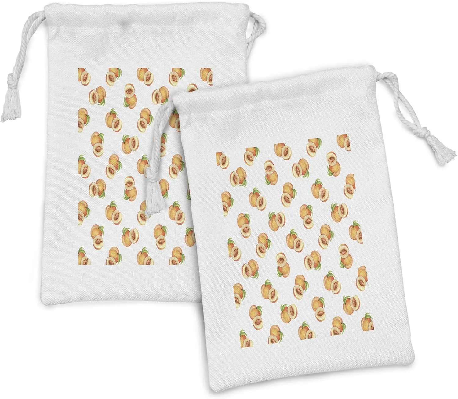 Ambesonne Peach Fabric Pouch Set of 2, Vegetative Growth Botany Pattern Orange Drupes Freshly Picked from the Trees, Small Drawstring Bag for Toiletries Masks and Favors, 9" x 6", Pale Orange Green
