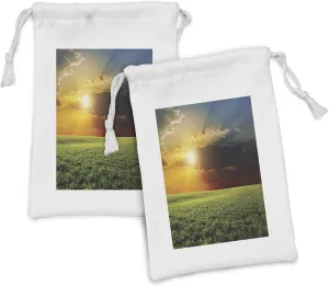 Ambesonne Rustic Fabric Pouch Set of 2, Dramatic Sunset Agricultural Field Sunbeams Bursting Through Dark Clouds Scene, Small Drawstring Bag for Toiletries Masks and Favors, 9" x 6", Green Yellow
