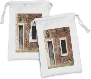 Ambesonne Rustic Fabric Pouch Set of 2, Old Door and Window Brick Wall Suburban Area European Aged House Entrance, Small Drawstring Bag for Toiletries Masks and Favors, 9" x 6", Brown Cream Redwood