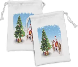 Ambesonne Santa Fabric Pouch Set of 2, Reindeer with Jingle Bells Gather Around Father Christmas Tree with Presents, Small Drawstring Bag for Toiletries Masks and Favors, 9" x 6", Multicolor