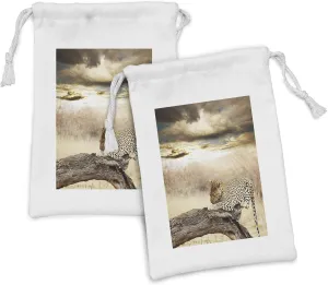 Ambesonne Savannah Fabric Pouch Set of 2, Leopard Resting Dramatic Cloudy Sky Wild Cats Nature Picture Sunset Landscape, Small Drawstring Bag for Toiletries Masks and Favors, 9" x 6", Beige and Brown