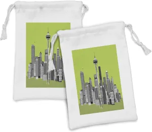 Ambesonne Seattle Skyline Fabric Pouch Set of 2, City Simple Greyscale Buildings and Skyscrapers Interpretation, Small Drawstring Bag for Toiletries Masks and Favors, 9" x 6", Apple Green Dark Grey