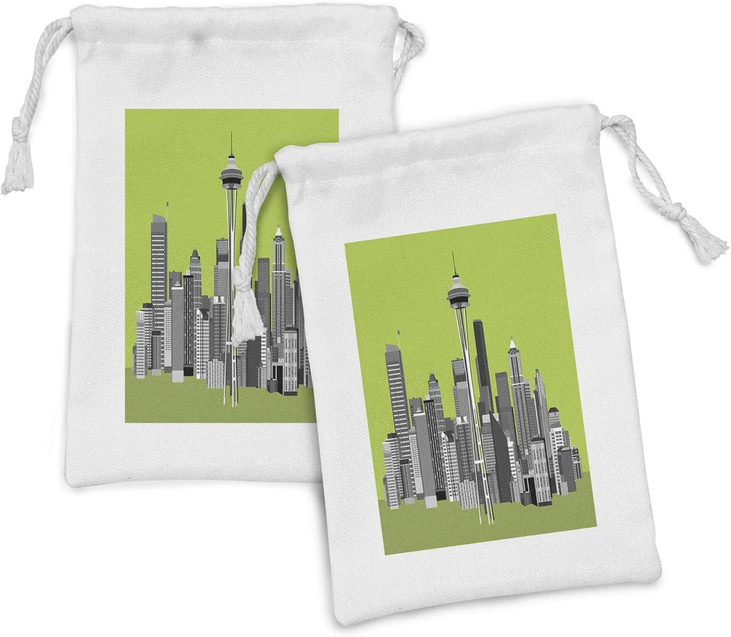 Ambesonne Seattle Skyline Fabric Pouch Set of 2, City Simple Greyscale Buildings and Skyscrapers Interpretation, Small Drawstring Bag for Toiletries Masks and Favors, 9" x 6", Apple Green Dark Grey