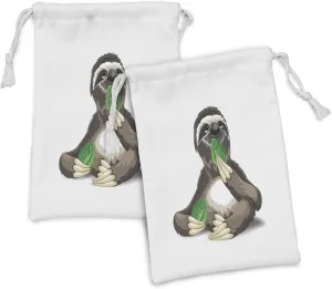 Ambesonne Sloth Fabric Pouch Set of 2, Sluggish Wild Jungle Animal Eating Green Leaves Idle Indolent Fun Character, Small Drawstring Bag for Toiletries Masks and Favors, 9" x 6", Umber Ivory Green