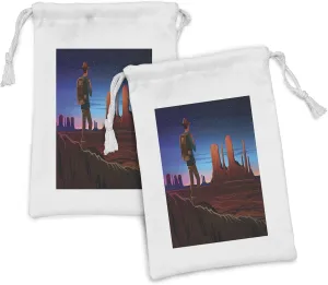 Ambesonne Southwestern Fabric Pouch Set of 2, Monument Alley with Early Daylight Tourist on a Hill Camping Traveling Cartoon, Small Drawstring Bag for Toiletries Masks and Favors, 9" x 6", Multicolor