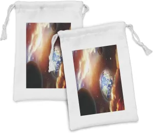 Ambesonne Space Fabric Pouch Set of 2, Dust Cloud Nebula Stars in Solar System Scene with Planet Earth Pluto and Neptune, Small Drawstring Bag for Toiletries Masks and Favors, 9" x 6", Orange Blue