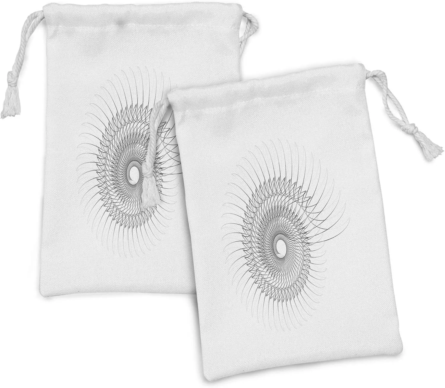 Ambesonne Spires Fabric Pouch Set of 2, Geometric Rotary Spiral with Helix Elements and Regular Lines Cyclic, Small Drawstring Bag for Toiletries Masks and Favors, 9" x 6", Grey