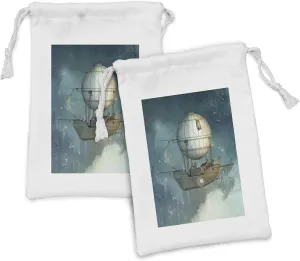 Ambesonne Steampunk Fabric Pouch Set of 2, Airship Flying over a Futuristic Town Full of Skyscrapers, Small Drawstring Bag for Toiletries Masks and Favors, 9" x 6", Petrol Blue and Tan