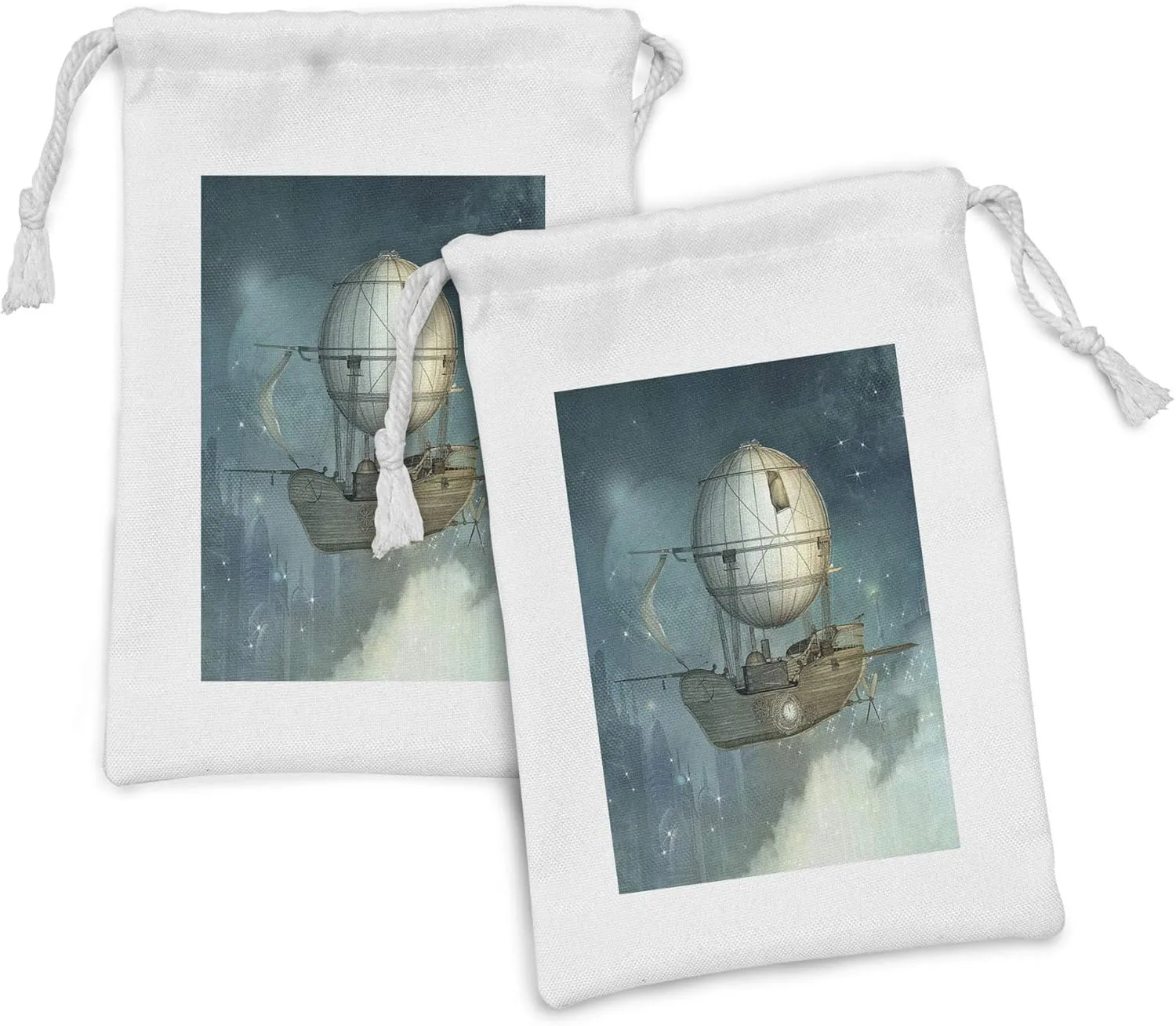 Ambesonne Steampunk Fabric Pouch Set of 2, Airship Flying over a Futuristic Town Full of Skyscrapers, Small Drawstring Bag for Toiletries Masks and Favors, 9" x 6", Petrol Blue and Tan